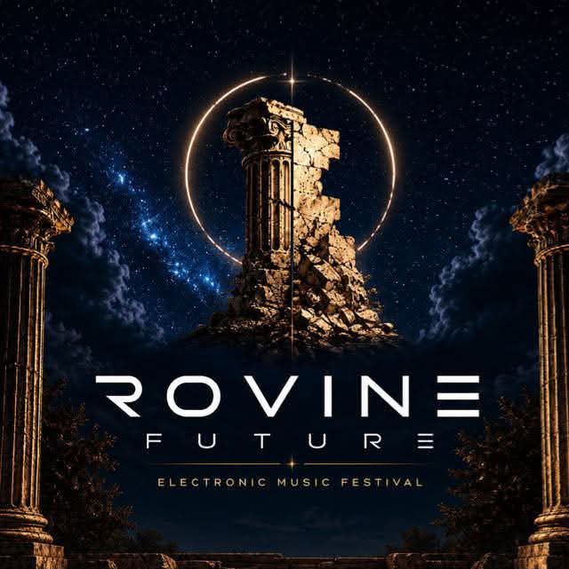 Key visual ufficiale ROVINE FUTURE: colonna romana spezzata, anello luminoso e cielo stellato